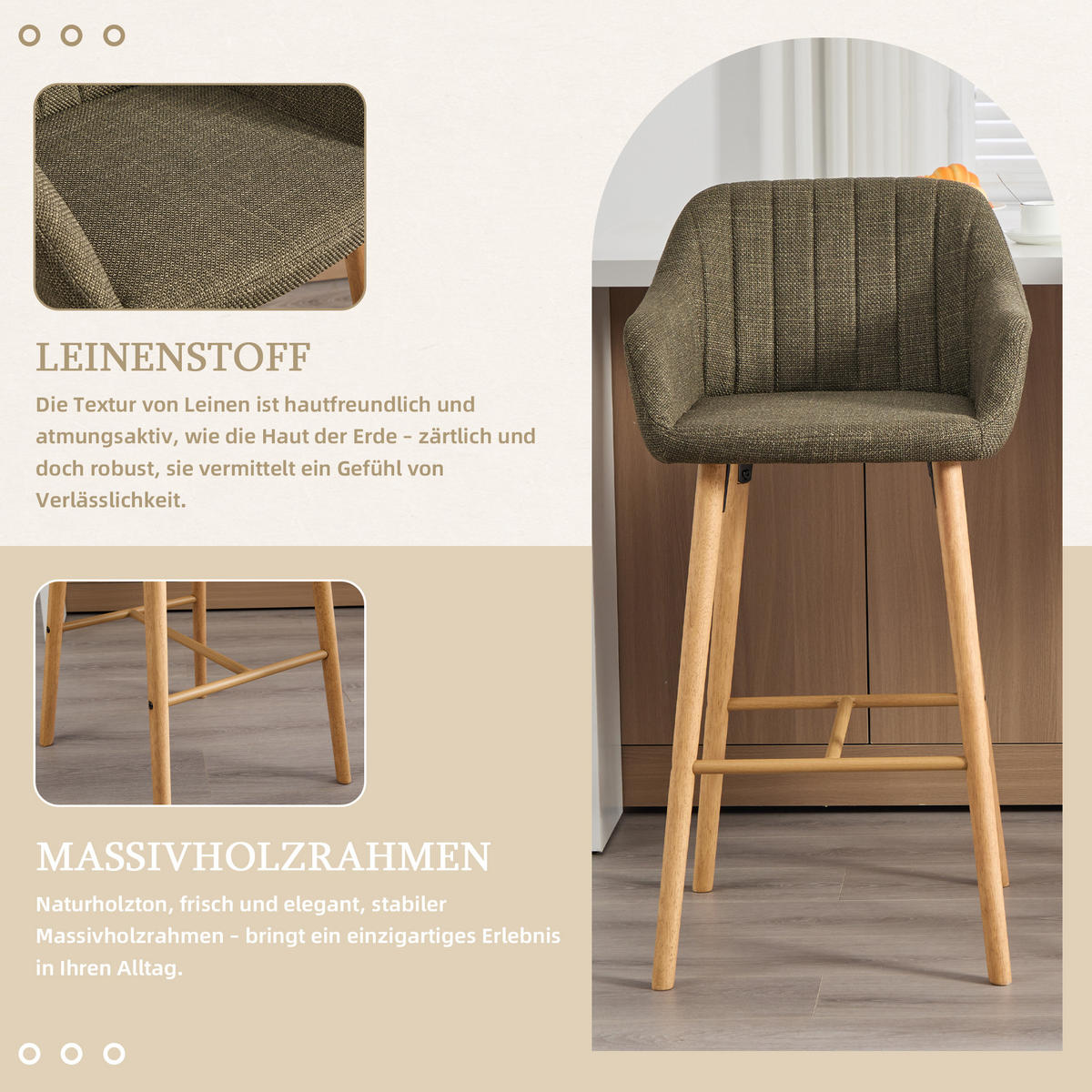 BARHOCKER 2er-Set mit Leinenbezug und Holzbeinen, Grün - Grün, Textil (58.5/104/55cm)