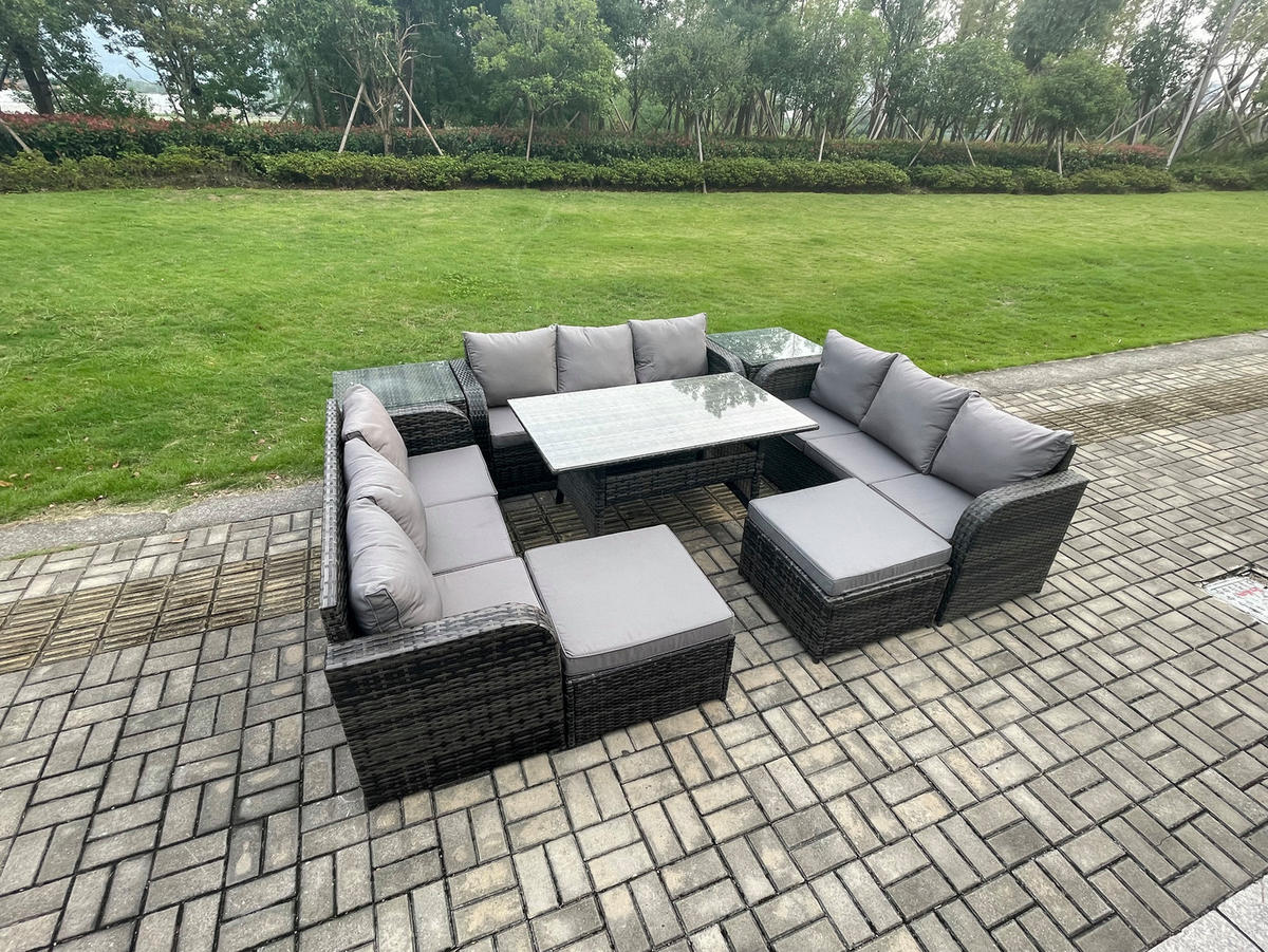 GARTENTISCHGRUPPE mit 2 Hocker 2 Beistelltisch Polyrattan Dunkelgrau 11-Sitzer - Dunkelgrau/Grau, Glas/Kunststoff - Fimous