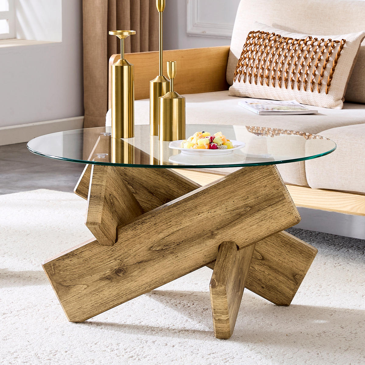 COUCHTISCH 79 cm Durchmesser mit Glasplatte und kreative Kreuz-Stütze aus MDF und Holz - Klar, Holzwerkstoff (79/79/45cm) - OKWISH