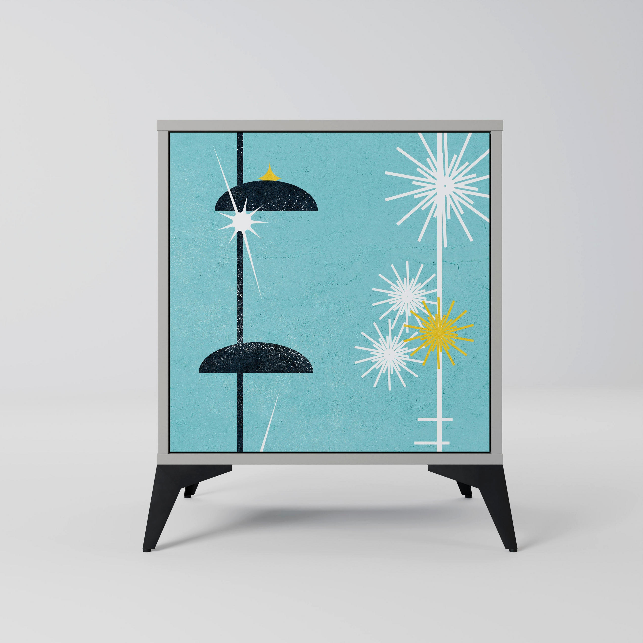 SIDEBOARD PATHS TO HAPPINESS, Grau, 57,5x42x70,5 cm, Schwarze Metall-Sternfüße - Multicolor/Schwarz, Holzwerkstoff/Metall (57.5/70.5/42cm) - SpaceRebels