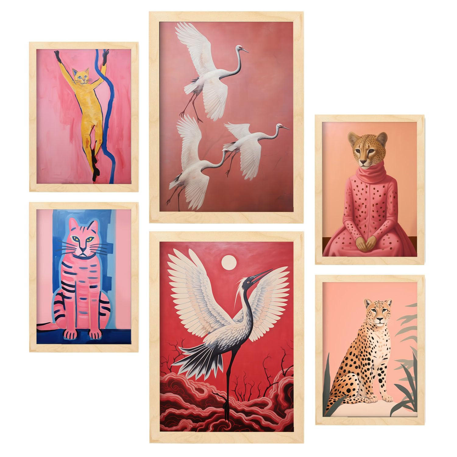 POSTER Set Mit 6 Charmante Kreatur In Vielseitiger A3 & A4 Rahmen Aus Hellem Holz - Beige, Papier (29/3cm) - Nacnic