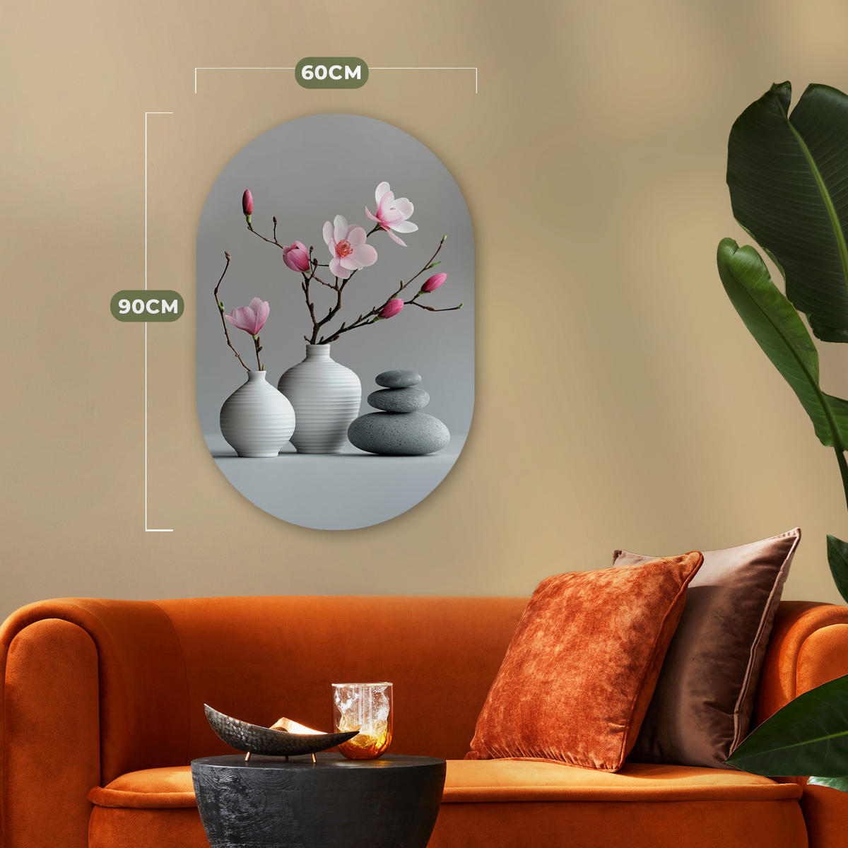 WANDBILD Magnolie - Blumen - Rosa - Zen-Steine 60x90 cm - Hellgrau, Kunststoff (60/90cm) - MuchoWow