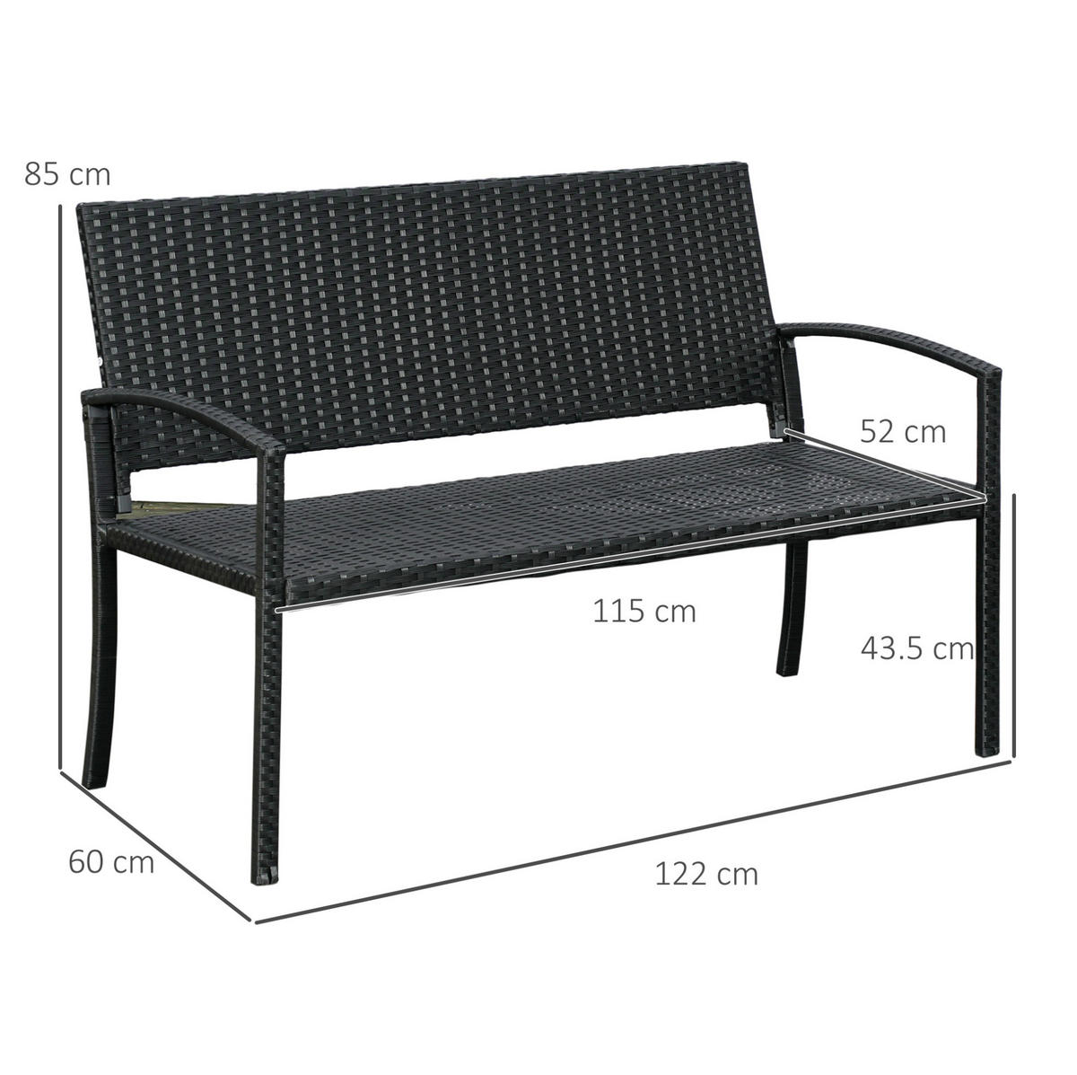 ZAHRADNÍ lavice z oceli 122x60x87 cm černá z polyratanu pro 2 osoby, odolná vůči UV záření a vlhkosti - černá, kov (122/85/60cm) - Modfu