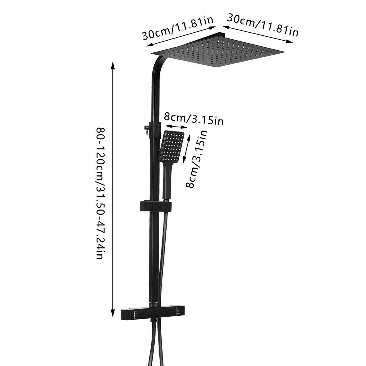 ÜBERKOPFBRAUSESET Höhenverstellbar Schwarz Thermostat - Schwarz, Metall (30/80/30cm) - Kaket