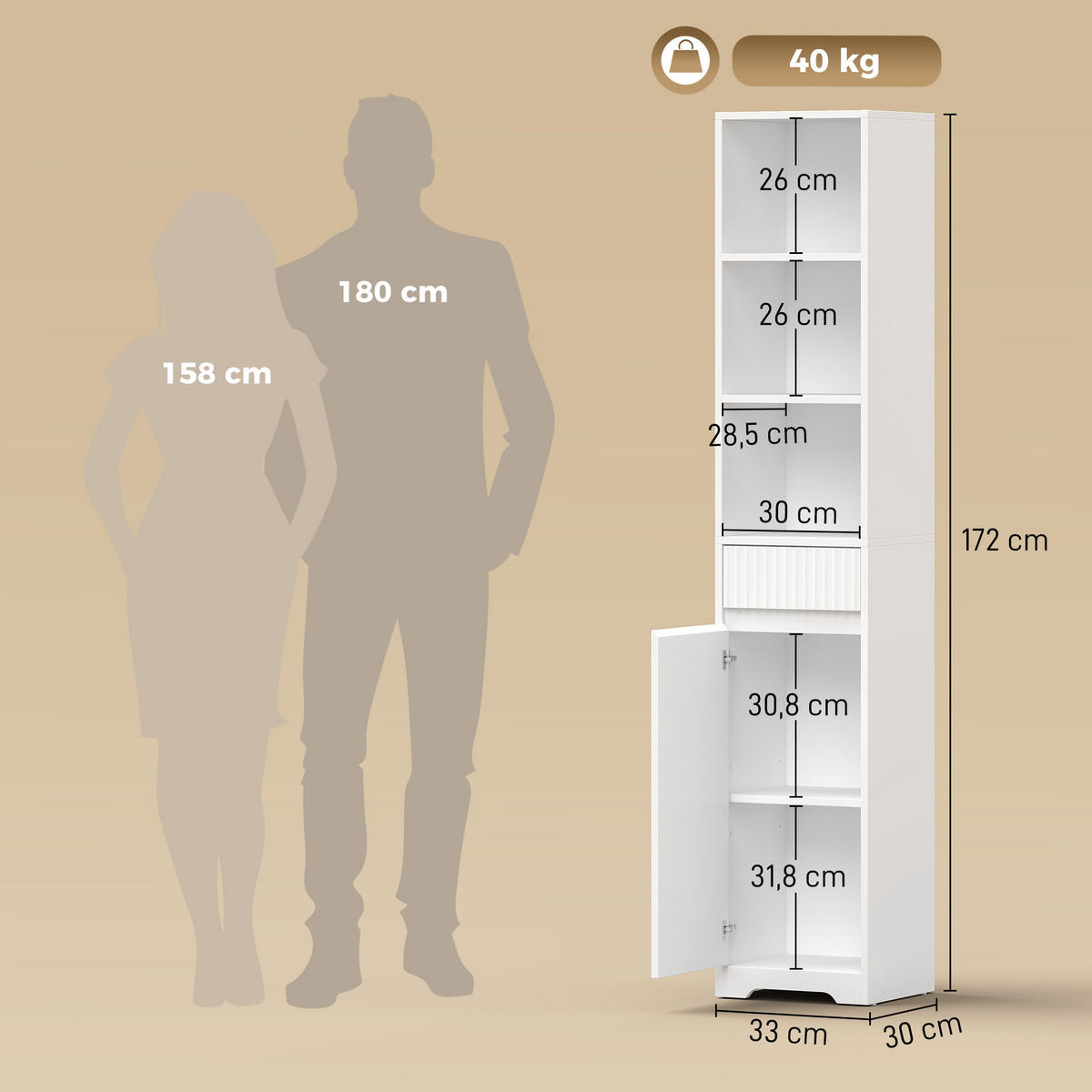 HOCHSCHRANK Weiß 33/30/172 cm - Weiß, Holzwerkstoff (33/172/30cm) - PANGIVO