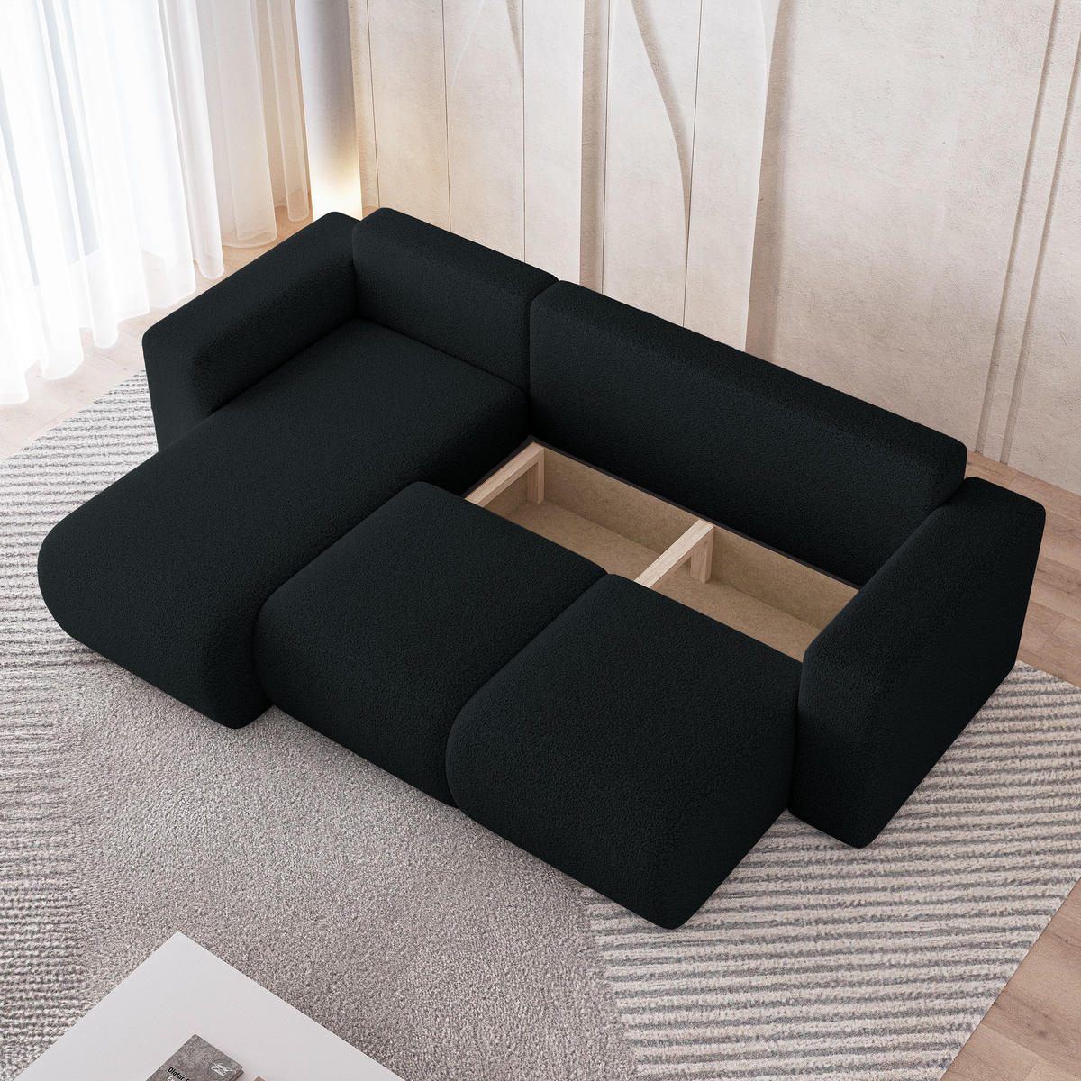 ECKSOFA RINOVA Schwarz Boucle-Stoff mit Schlaffunktion - Schwarz, Holz (250/143cm) - MASSENO
