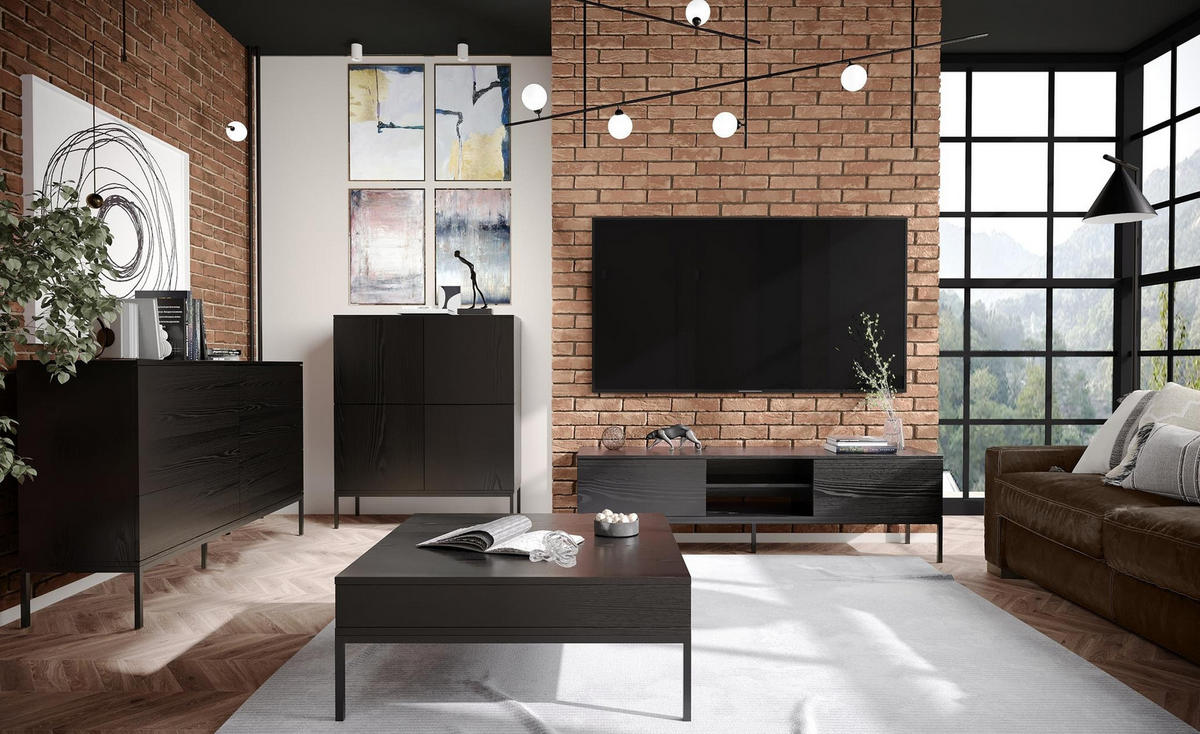 KOMMODE Induro Schwarz, Viertürig mit Metal Beine - Schwarz, Holzwerkstoff/Metall (100/120/41cm) - Bettso