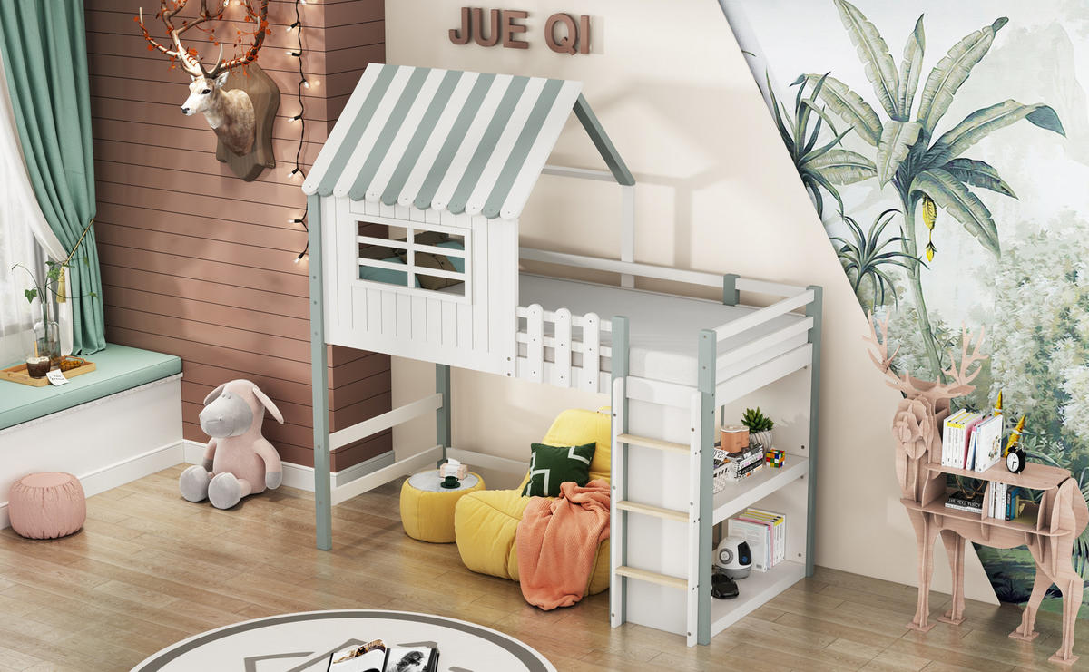 KINDERBETT 90/200 cm in Grün mit Sicherheitsleiter und Ablagefach - Grün, Holz/Holzwerkstoff (90/200cm) - CHICFURN