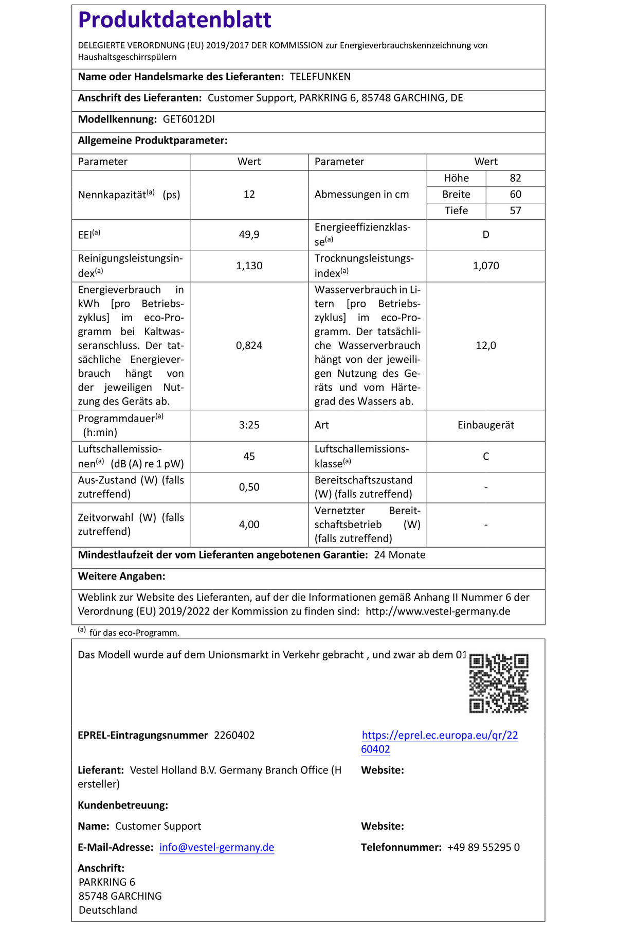 GESCHIRRSPÜLER, 60 cm teilintegrierbar, Einbau Spülmaschine, 12 Maßgedecke, 6 Programme, AquaStop, Startzeitvorwahl, Auto-Door, leise 45 dB, GET6012DI - Silberfarben/Schwarz, Kunststoff/Metall (59.8/82/57cm) - Telefunken