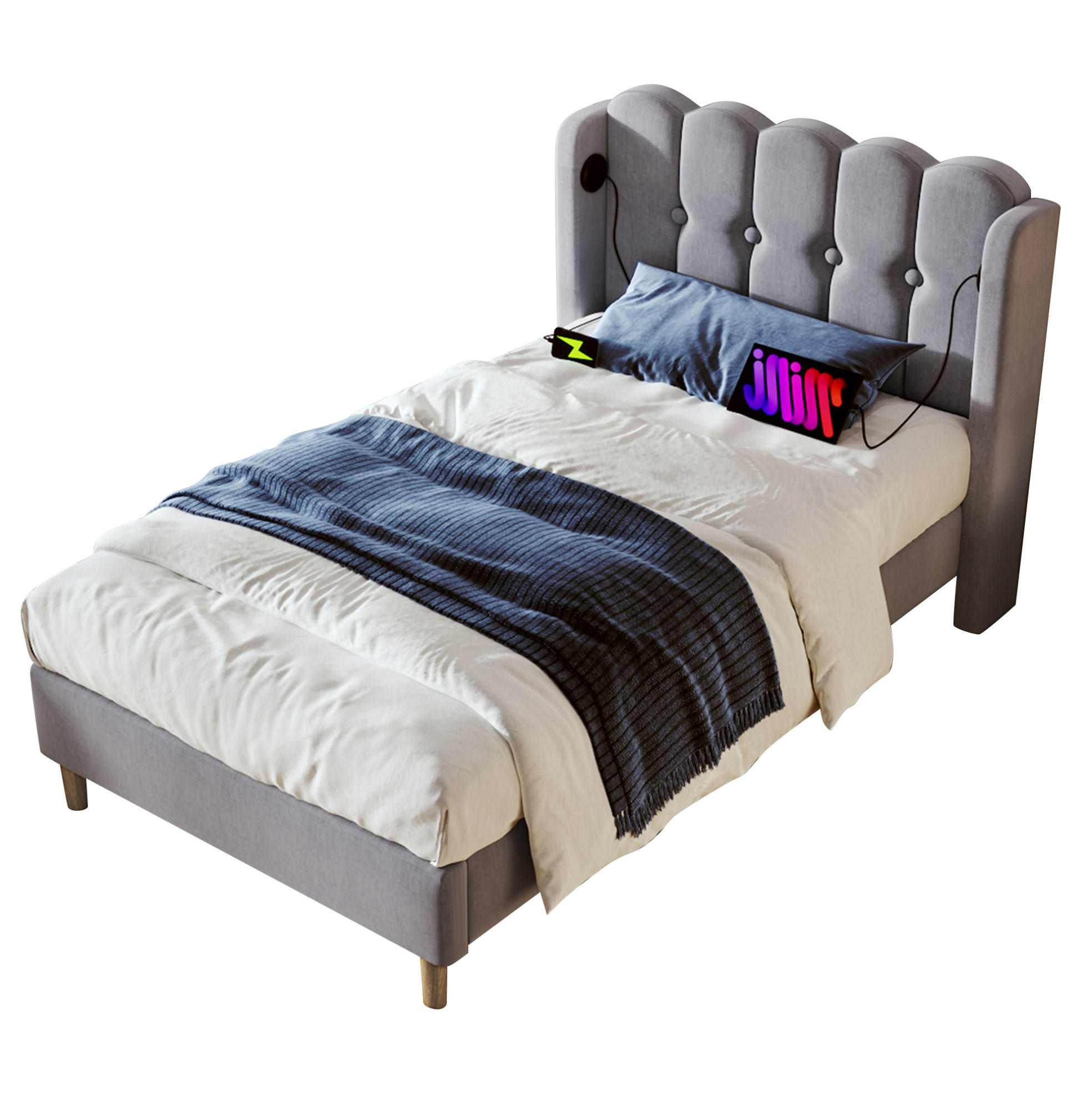 POLSTERBETT 90/200 cm mit USB Typ C Ladefunktion grau - Grau, Textil (90/200cm) - OKWISH