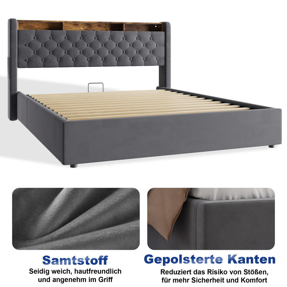 POLSTERBETT 160/200 cm in Dunkelgrau Samt mit Bettkasten, LED-Beleuchtung und USB-Anschluss - Dunkelgrau, Holzwerkstoff/Textil (160/200cm) - CHICFURN