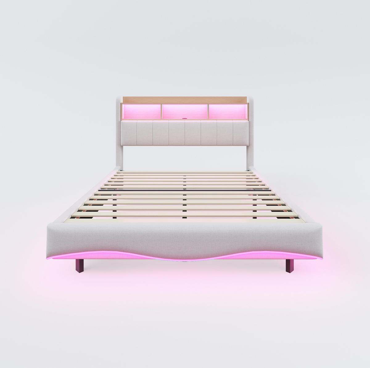 POLSTERBETT 160/200 cm mit LED-Beleuchtung, USB-C und gepolstertem Kopfteil - Beige, Textil (160/200cm) - BEAOK