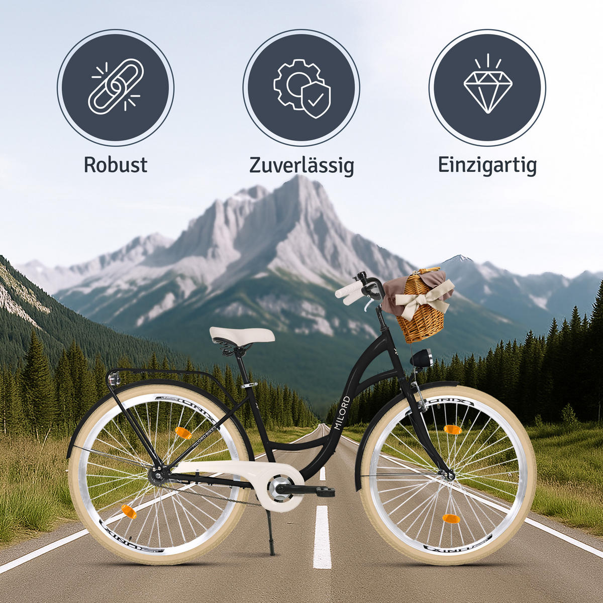 CITY-FAHRRAD Milord mit Weidenkorb, 28 Zoll, Schwarz-Creme, 1-Gang - Creme/Schwarz, Metall (46cm) - Milordbikes