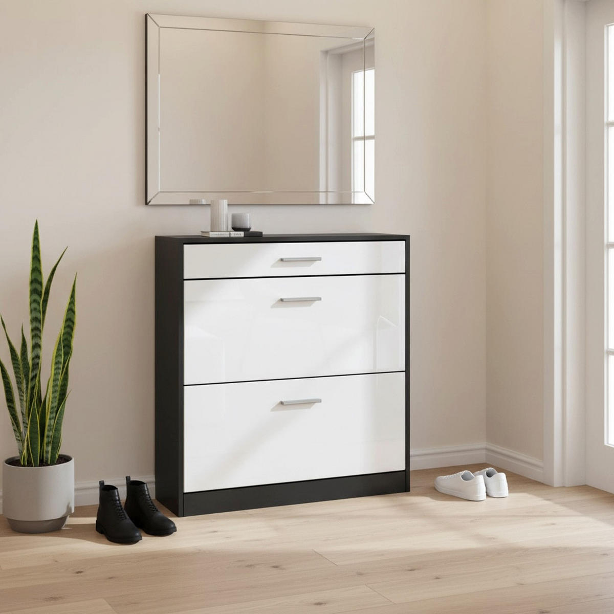 SCHUHSCHRANK Roma Schmal mit 2 Klappen und 1 Schublade, Platzsparender Schuhkipper, Schwarz/Weiß Hochglanz (89 x 95,5 x 23 cm) - Weiß Hochglanz, Holzwerkstoff (89/95.5/23cm) - InnoFurn