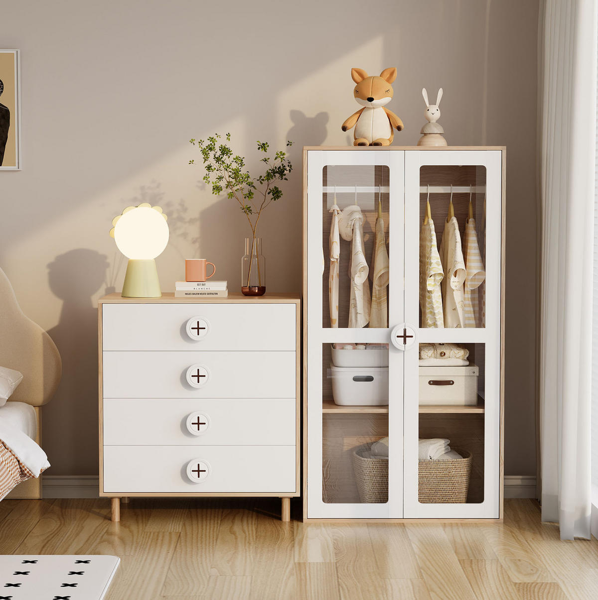 KOMMODE, 4 Schubladen, mit lackierten Fronten und Holzoptik, 80x54x90 cm, NaturalxWeiß - Naturfarben, Holzwerkstoff (54/90/80cm) - Modfu
