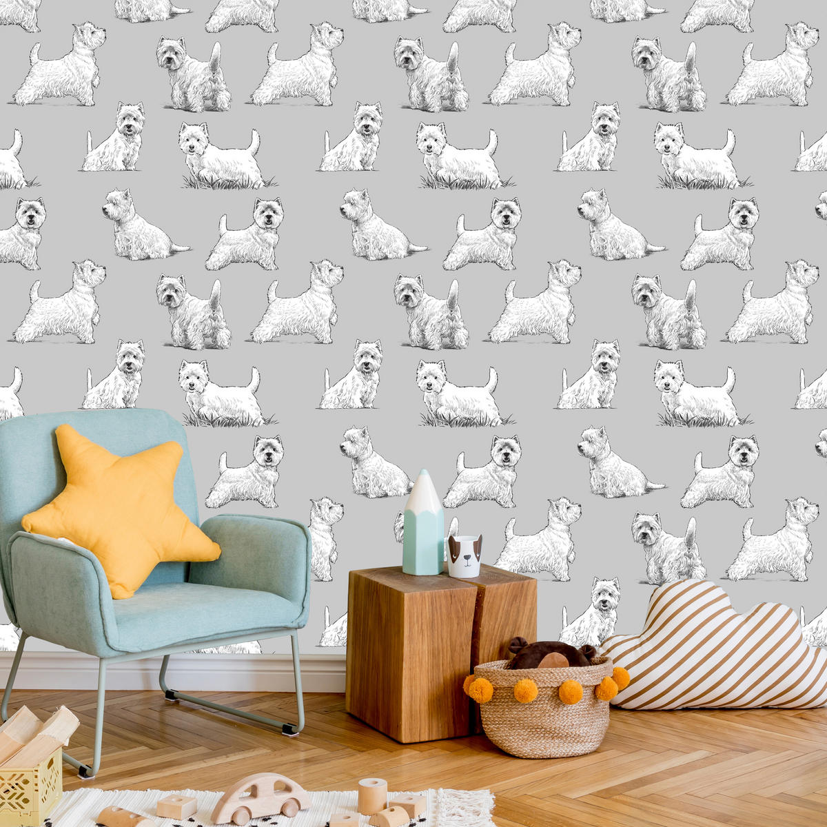 VLIESTAPETE Westie-Hunde – Grau, Weiß – 50x1000 cm - Weiß/Grau, Papier (50/1000cm) - Muralo