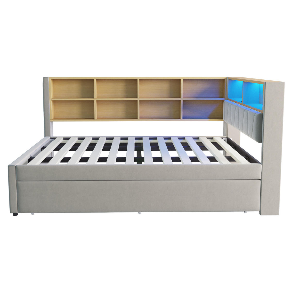 BETT Multifunktionales mit Ausziehbett 90/190 cm & LED-Beleuchtung Flanell Hellgrau 140/200 cm - Hellgrau, Textil (90/190cm) - OKWISH