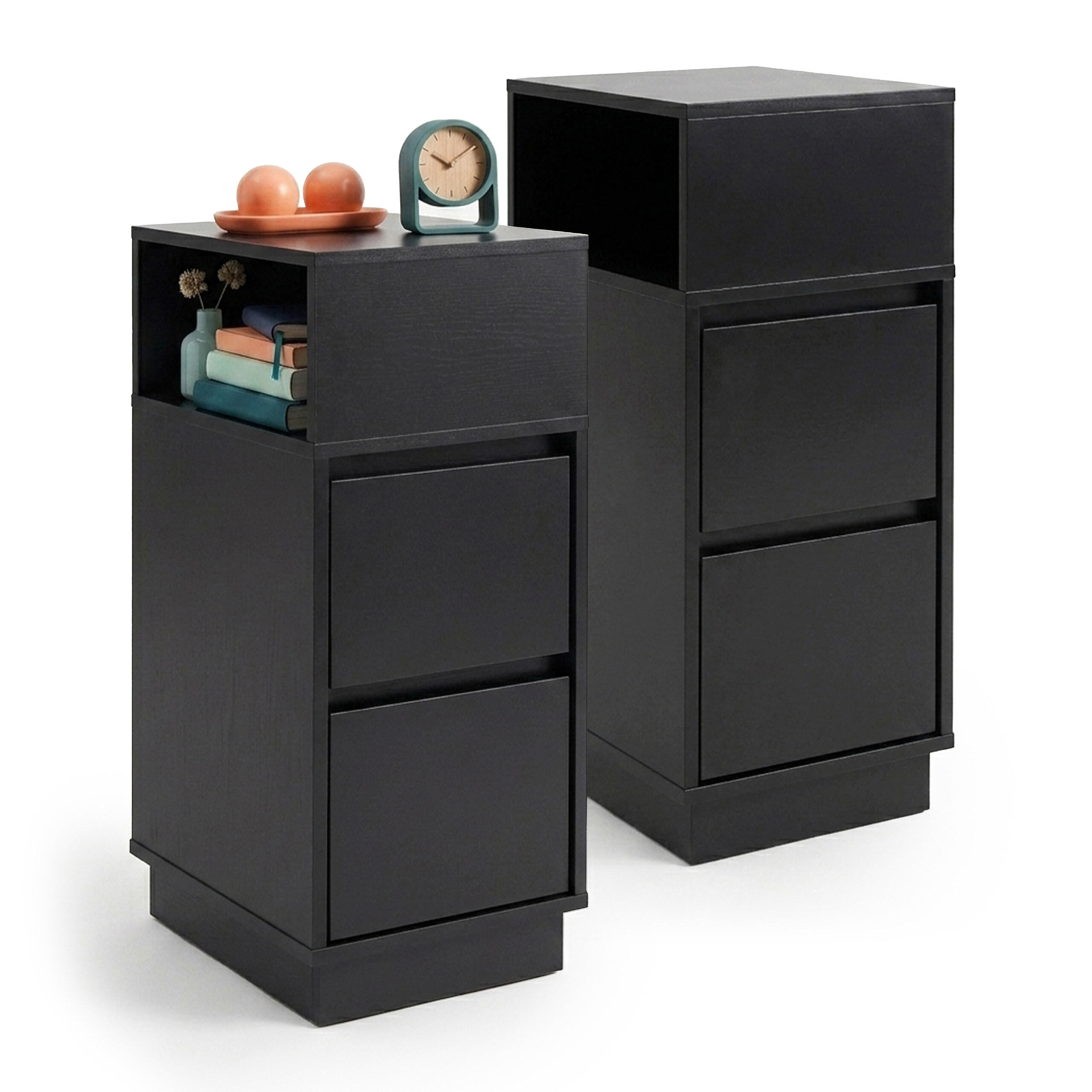 NACHTTISCH Schwarz MDF 2er-Set 2 Schubladen - Schwarz, Holzwerkstoff (24/64/30cm) - Relaxdays