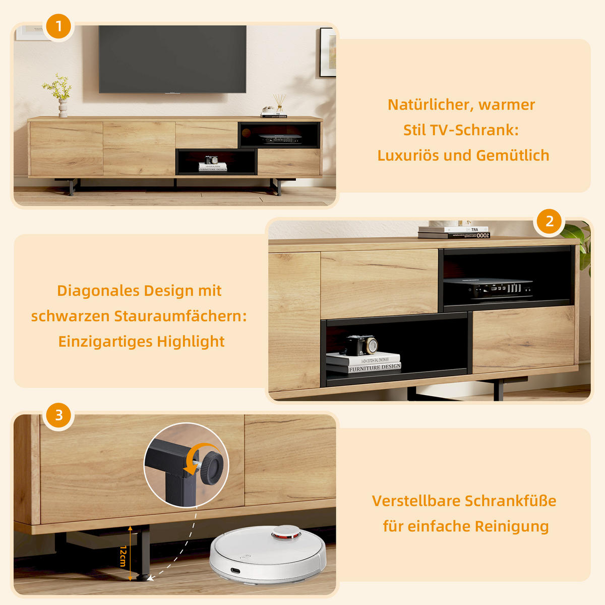 TV-ELEMENT 173/38/43 cm Holzton mit Stauraum und 2 Schubladen - Ahornfarben, Holz (173/48/38cm) - Oxeza