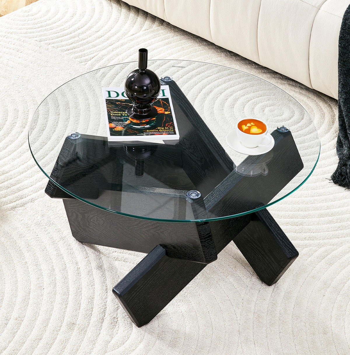 COUCHTISCH 79/45 cm aus MDF und Glas mit Kreuzgestell in Schwarz/Transparent - Schwarz, Holzwerkstoff (79/79/45cm) - Flora Grace