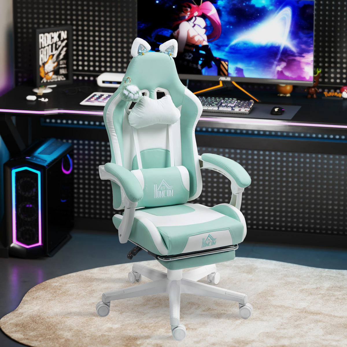 GAMING-SESSEL mit Katzenohren, neigbare Lehne, ausziehbare Fußstütze, bis 120 kg belastbar, Tiffanyblau - Hellblau, Leder (62/124/65cm)