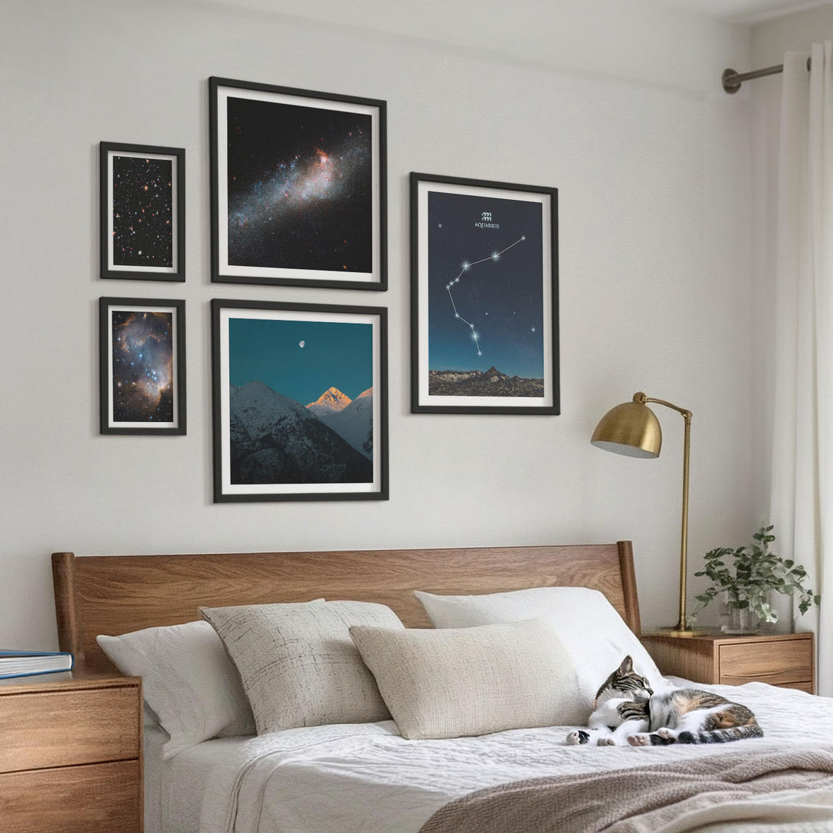 WANDBILDER 5er-Set - 50x50 cm & 20x30 cm & 40x60 cm Schwarzer Rahmen - Galaxienraum Wassermann-Berge - Schwarz, Kunststoff (40/60cm) - ArtPrintCave