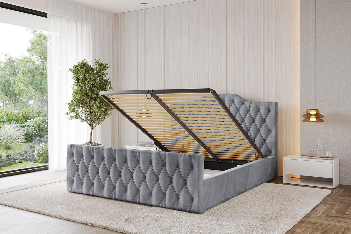 POLSTERBETT mit Bettkasten, Fußteil und Lattenrost, Boxbett mit Matratze H3/H4 - FALIO-Z 180x200 Hellgrau - Hellgrau, Holzwerkstoff/Textil (180/200cm) - ALTDECOR