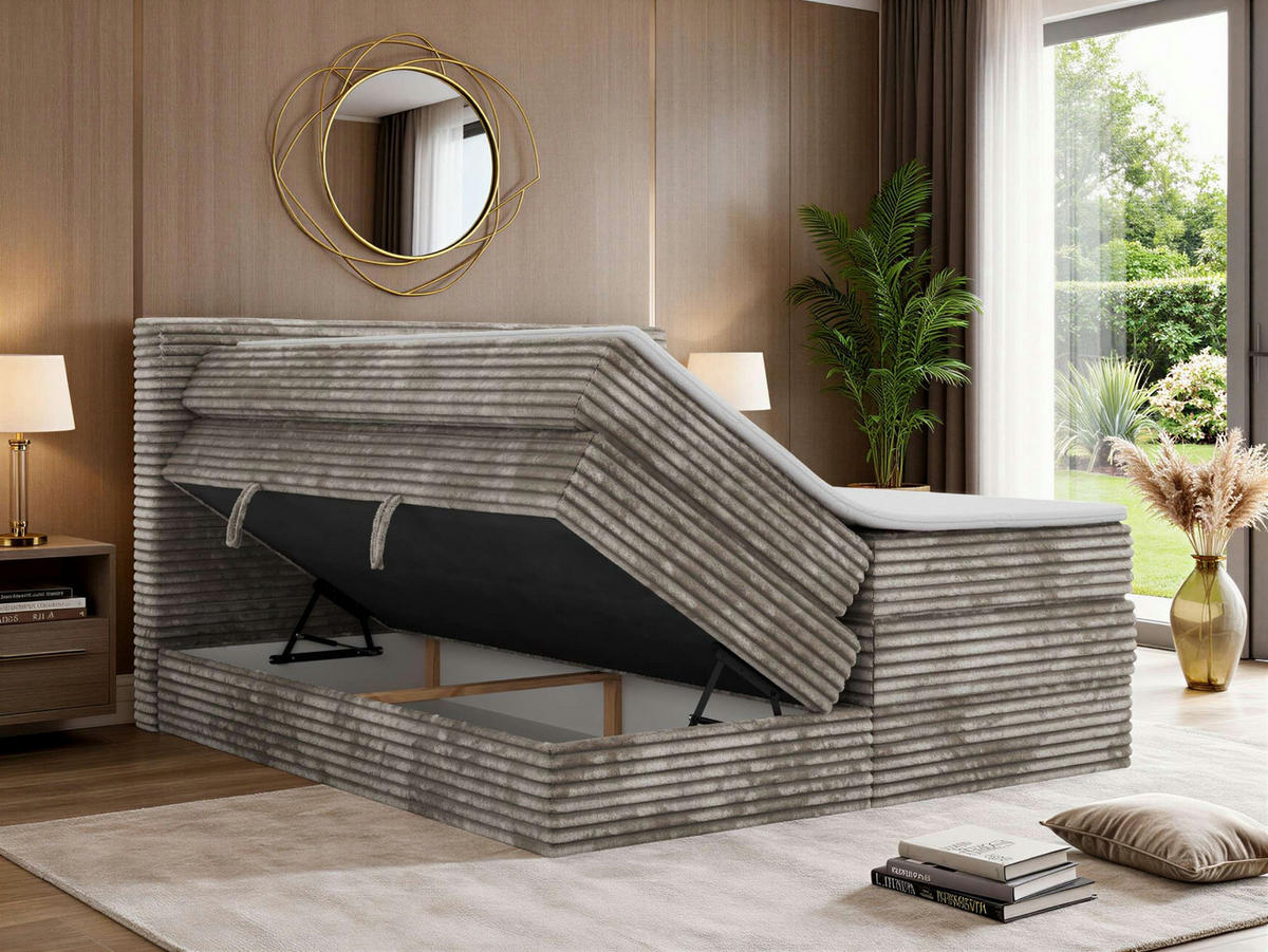 BOXSPRINGBETT TILION KING 160/200 - Hellbraun Cord - Topper Visco - H4 - Hellbraun/Schwarz, Kunststoff/Textil (160/200cm) - MKS