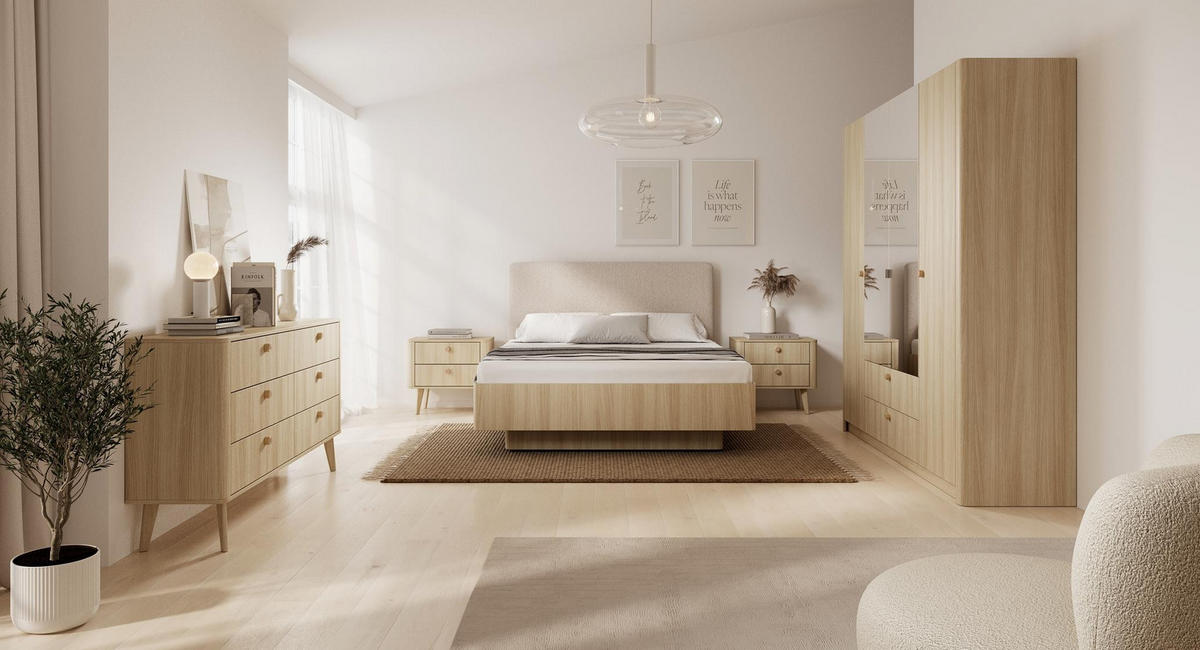 KLEIDERSCHRANK Mila Hellbraun, Viertürig mit Spiegel - Hellbraun, Holzwerkstoff (213/208/55cm) - Bettso