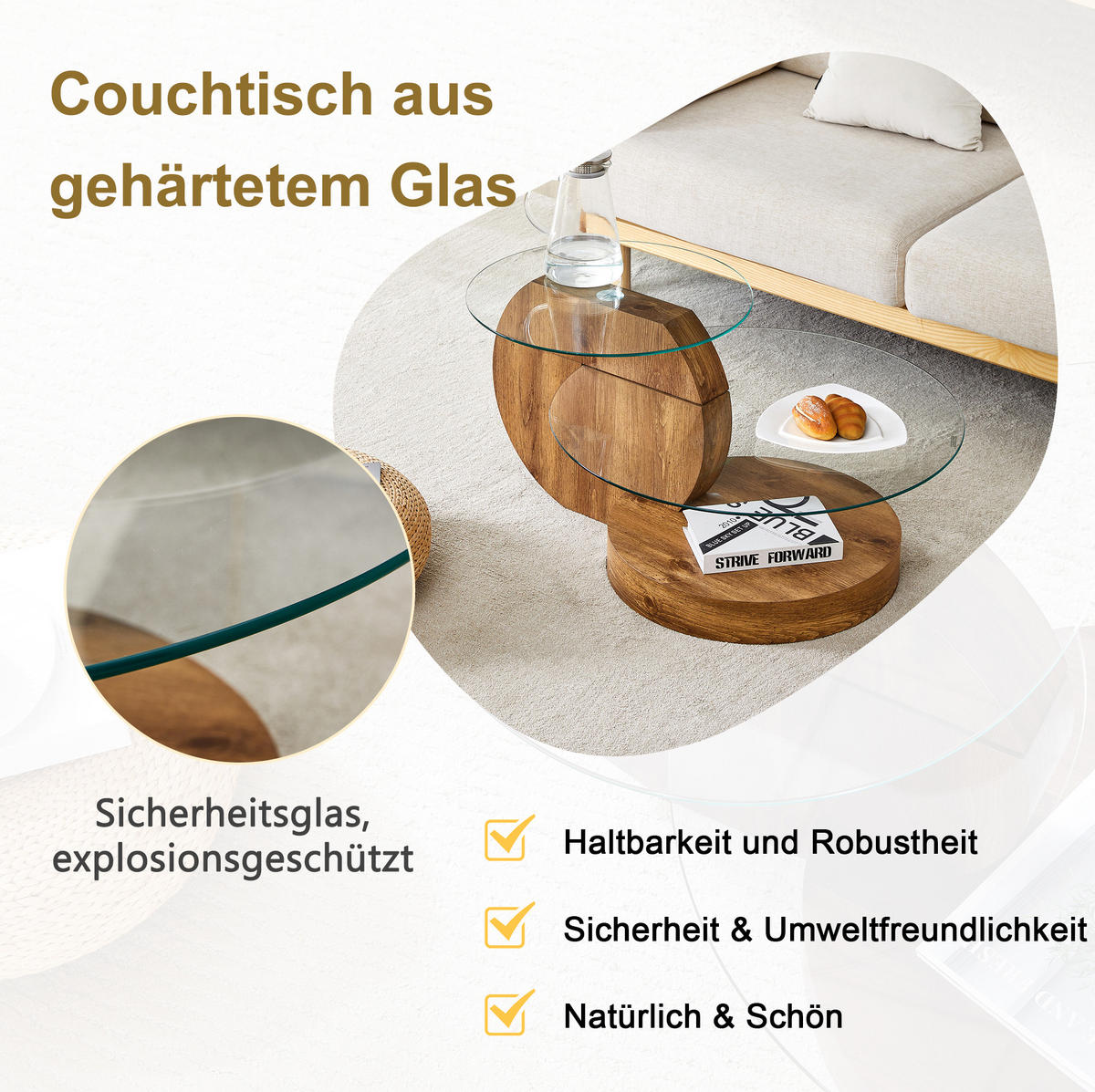 COUCHTISCH 70/70/50 cm mit mehrstufigen Ablageflächen und gehärteter Glasplatte, Transparent/Holz - Klar, Holzwerkstoff (69.8/69.8/49.8cm) - Redom