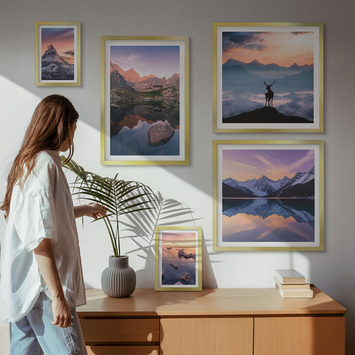 BILDER SET 5er Set - 50x50 cm & 20x30 cm & 40x60 cm Goldrahmen - Landschaften Berge Seen jelen - Goldfarben, Kunststoff (40/60cm) - TULUP