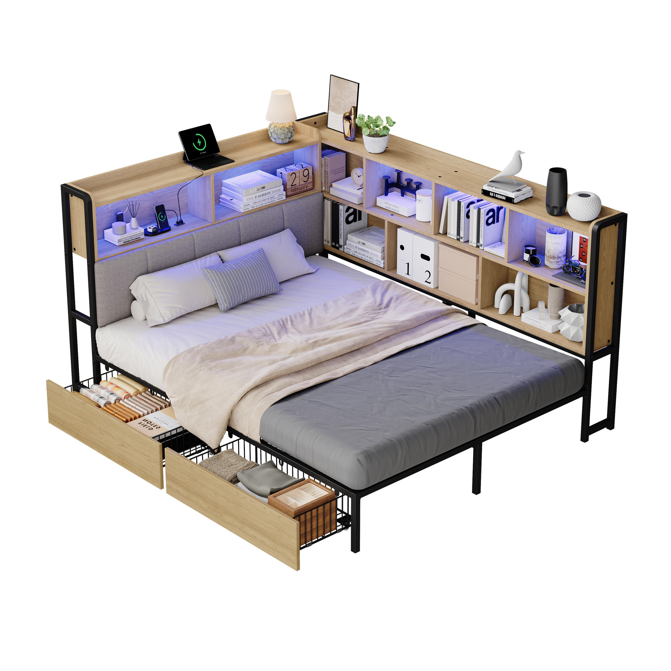 DAYBETT Natur 140x200 LED USB Type-C Schubladen Stauraum - Naturfarben, Metall (140/200cm) - FLIEKS