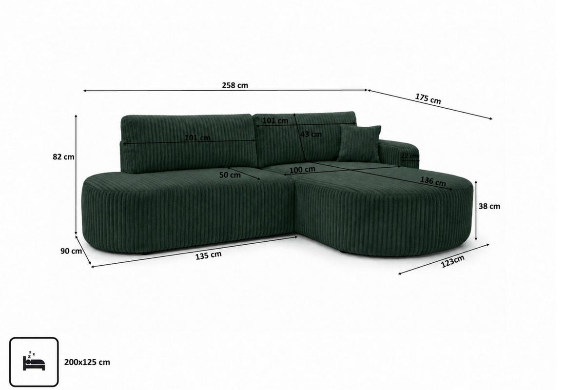 ECKSOFA Mit Schlaffunktion Und Bettkasten, Cordstoff Tilia, Grün, Rechts, ROUND ONE OPEN XL - Grün, Holz (258/175cm) - Kaiser Möbel
