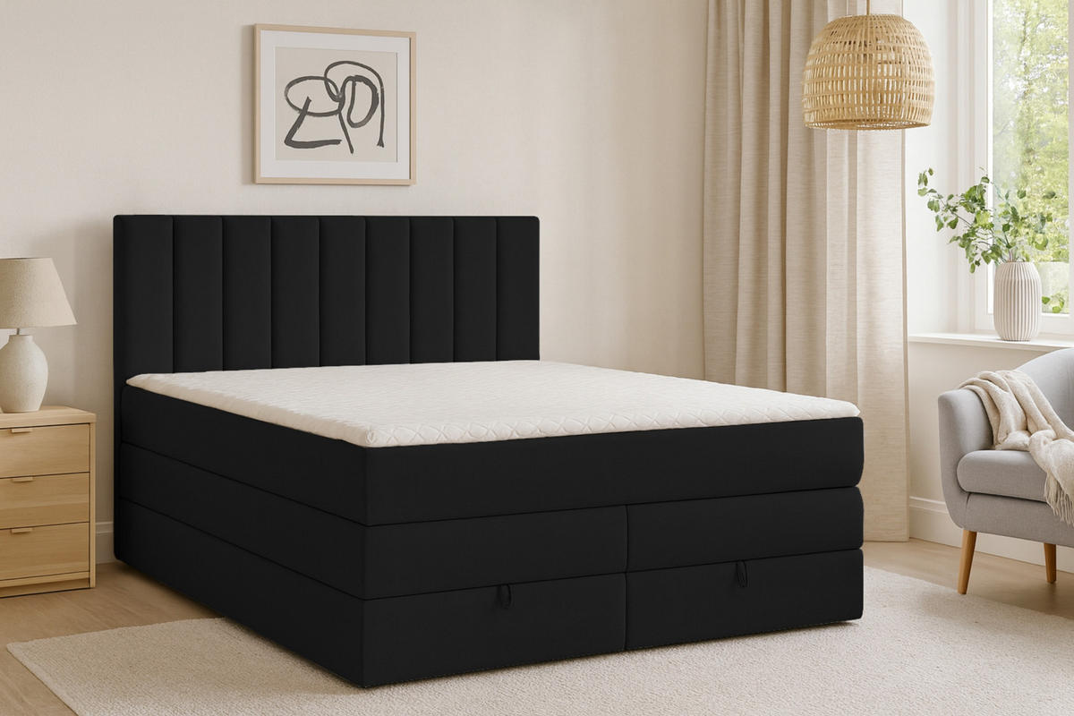 BOXBETT MEXICO 140/200 in Velours Schwarz mit Doppelmatratze - Schwarz, Holz/Holzwerkstoff (140/200cm) - Deine Möbel 24