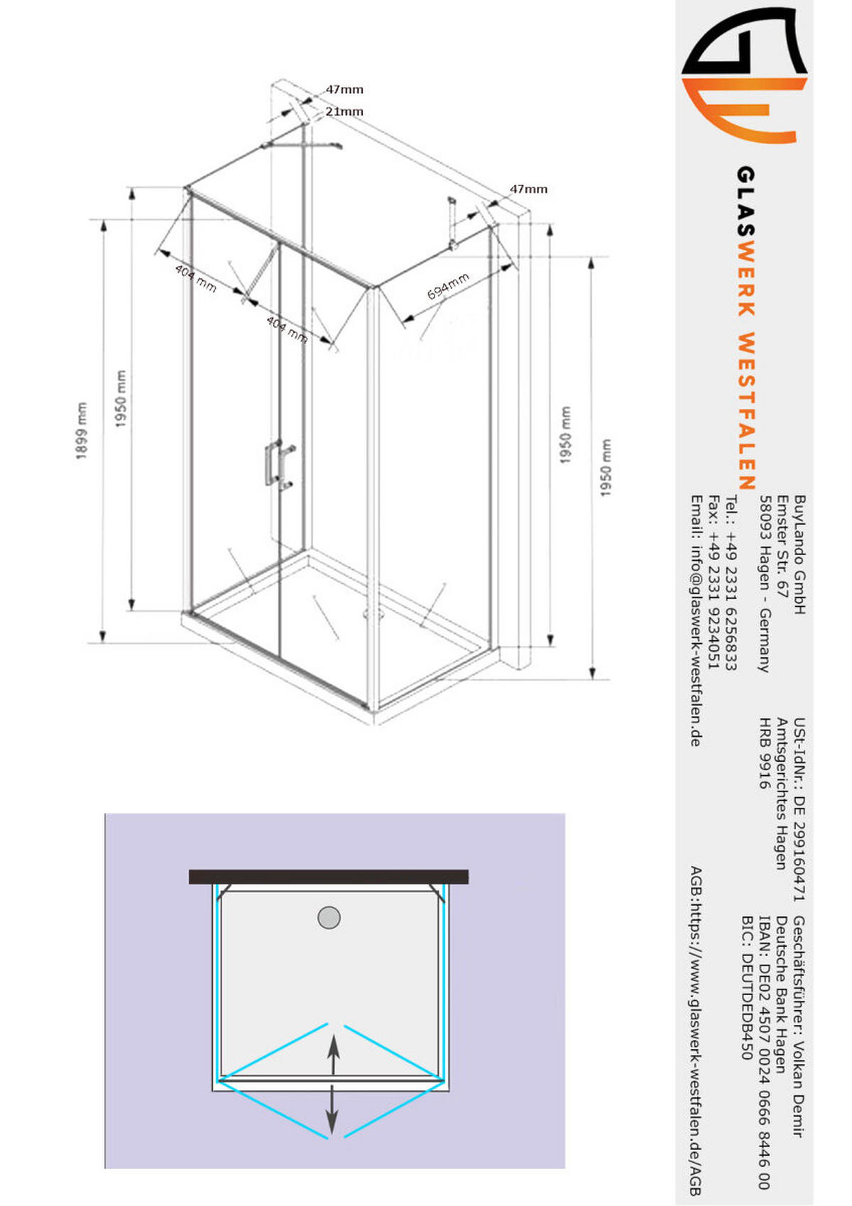 DUSCHKABINE Nora 80x100x80 cm H:195 cm U-Form mit Tasse+Siphon - Silberfarben, Glas (80/100/195cm) -  Glaswerk Westfalen