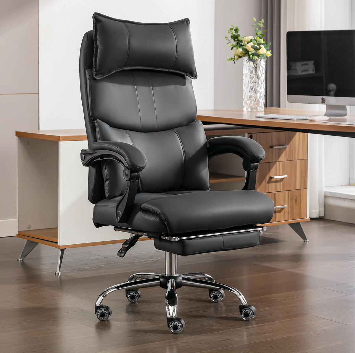 ERGONOMISCHER Bürostuhl in Schwarz 48x65x120 cm mit Fußstütze und verstellbarer Lendenstütze - Schwarz, Textil (65/120/48cm) - IVMEU