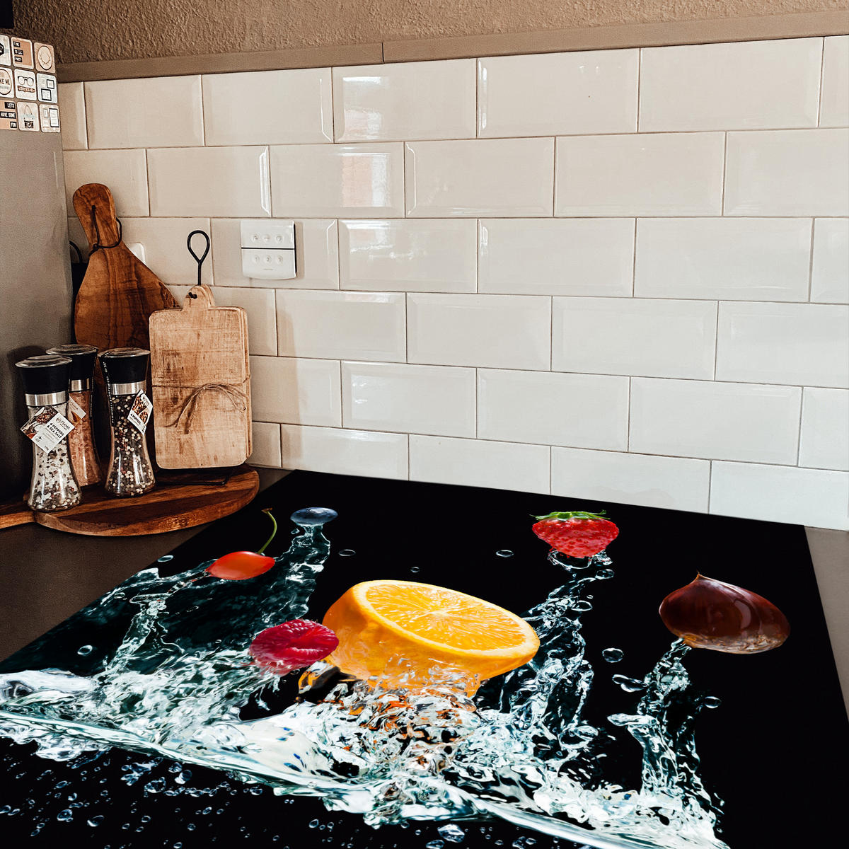 HERDABDECKPLATTE Wasser - Obst - Orange - Erdbeere - Kirsche - Schwarz 78x78 cm - Orange, Kunststoff (78/78/0.2cm) - MuchoWow