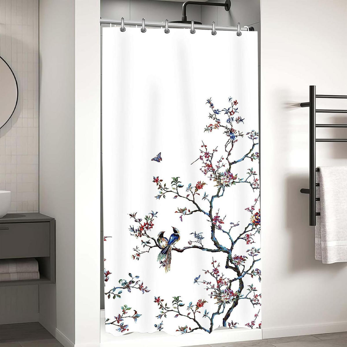 DUSCHVORHANG Weiß Vogel Muster 90 x 180 cm schimmelresistent mit Haken - Multicolor, Textil (90/180cm) - MCBOSON