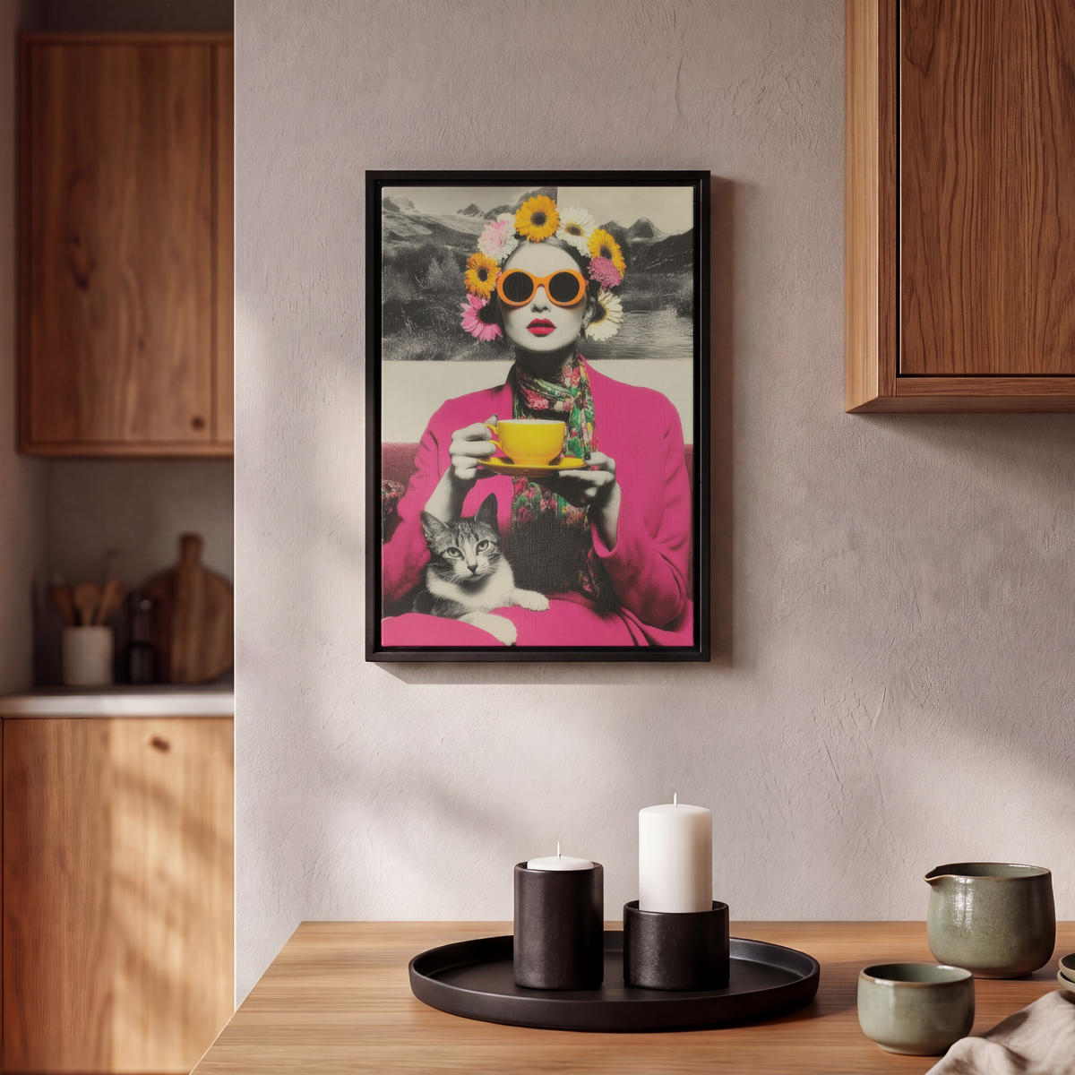 LEINWAND Bilder mit Rahmen - Frau - Katze - Blumen - Tasse - Retro - 20x30 - Magenta, Textil (20/30cm) - MuchoWow