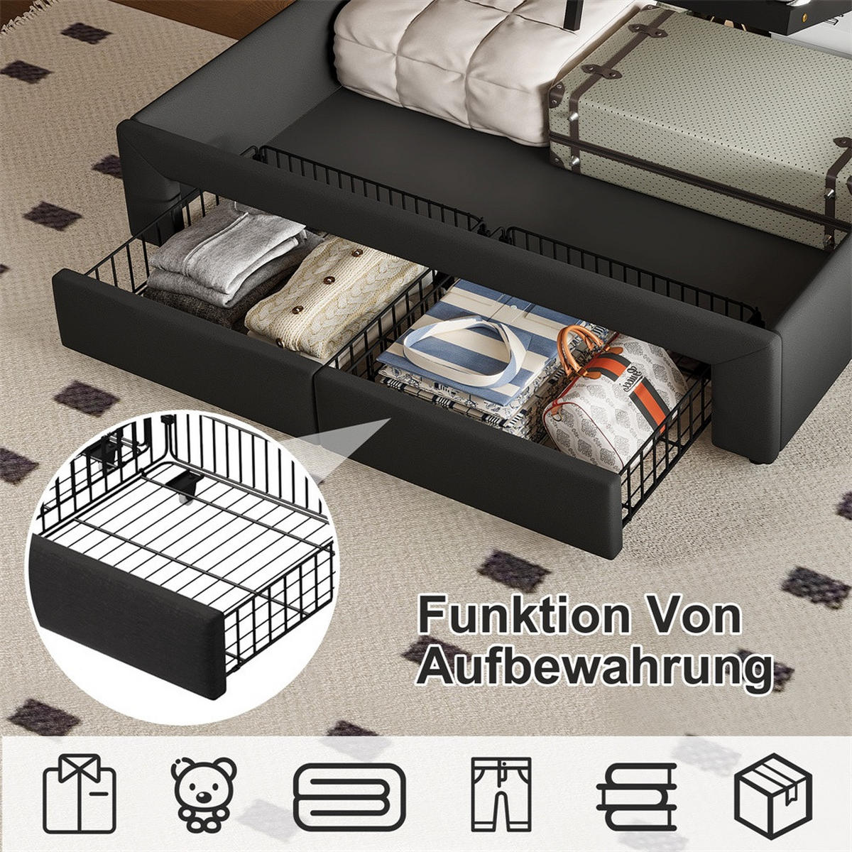 POLSTERBETT 160x200 cm - Doppelbettmit hydraulischem Stauraum - Schubladen und LED-Beleuchtung - ohne Matratze - Dunkelgrau - Dunkelgrau, Textil (160/200cm) - DELFA