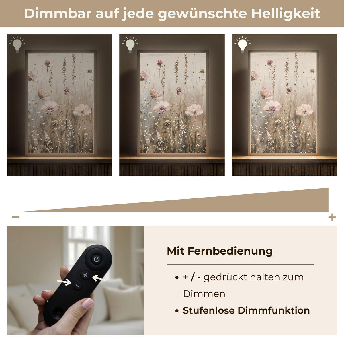 NÁSTĚNNÁ LAMPA S AKUMULÁTOREM Květiny - růžová - moderní - béžová 40x60 cm - starorůžová, kompozitní dřevo (40/60/8cm) - OnlyWow