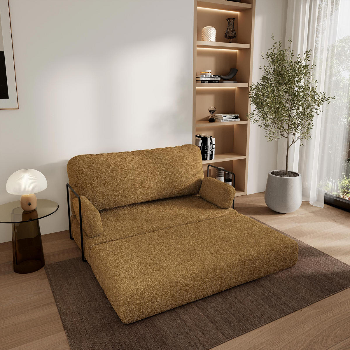 POHOVKA z pěny KESTE s kovovým rámem Buklé látka Medová - žlutá/jantarová, textil (140/86/60cm) - MASSENO