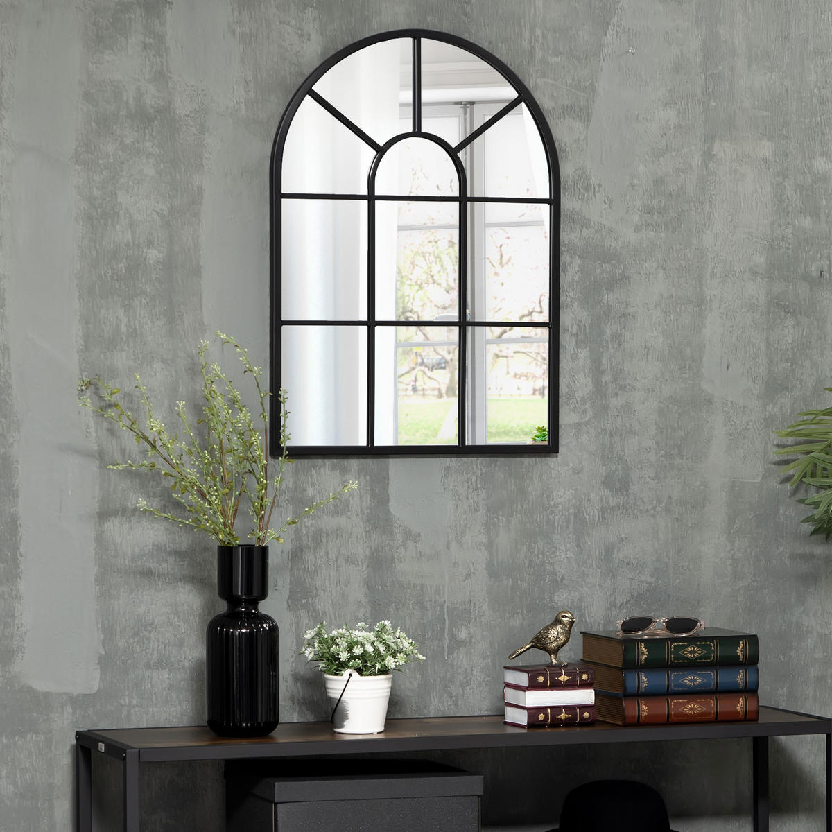 WANDSPIEGEL, Fensterspiegel, Dekorativ Spiegel mit Metallrahmen, Hängespiegel, Schwarz - Schwarz, Metall (2/50/70cm) - HOMCOM