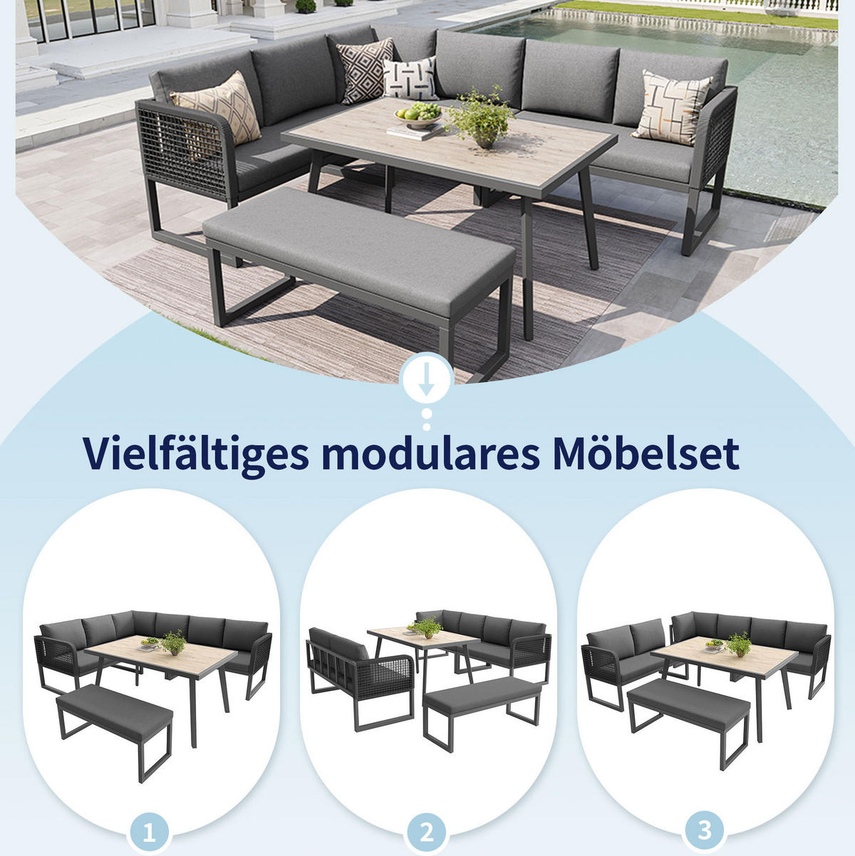 GARTENLOUNGE-SET aus PE-Rattan mit Tisch & waschbaren Kissen, 5-teilig, 121,5/61/77 cm, Grau - Grau, Kunststoff - Redom