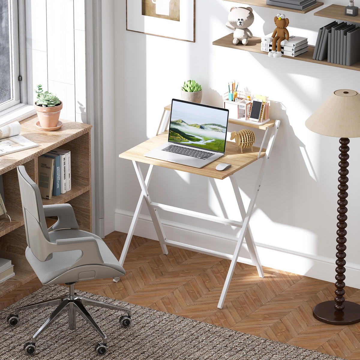 SCHREIBTISCH Stahl MDF Naturholz - Weiß/Naturfarben, Holzwerkstoff (62/70/86.5cm) - HOMCOM