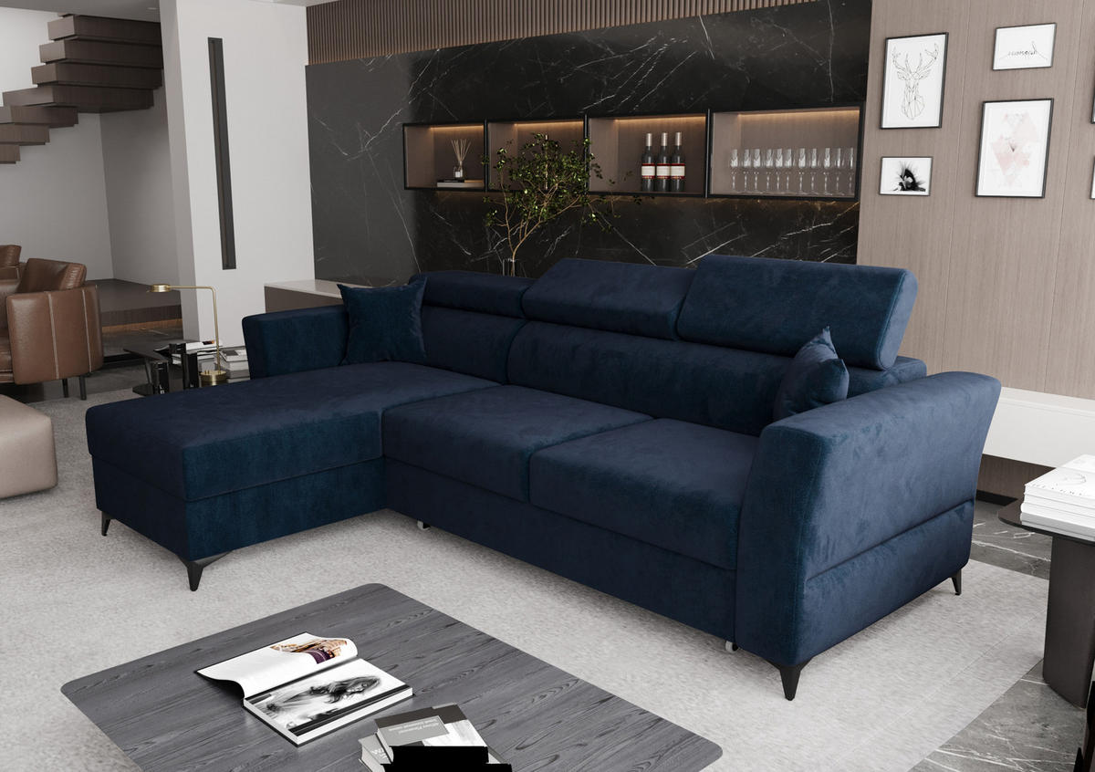 ECKSOFA L Form Ribella Blau 265/180/100 cm Links mit Schlaffunktion - Schwarz/Dunkelblau, Textil/Metall (180/265cm) - AX Living