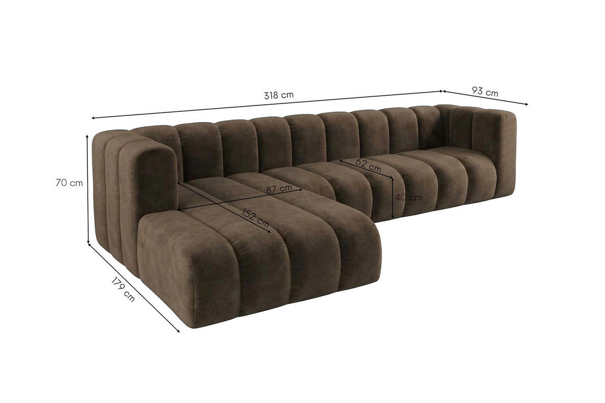 ECKSOFA Modulares In L-Form, Velvet-Stoff Riviera, Braun, Links, GRAND 318 cm - Braun, Holz (318/179cm) - Kaiser Möbel