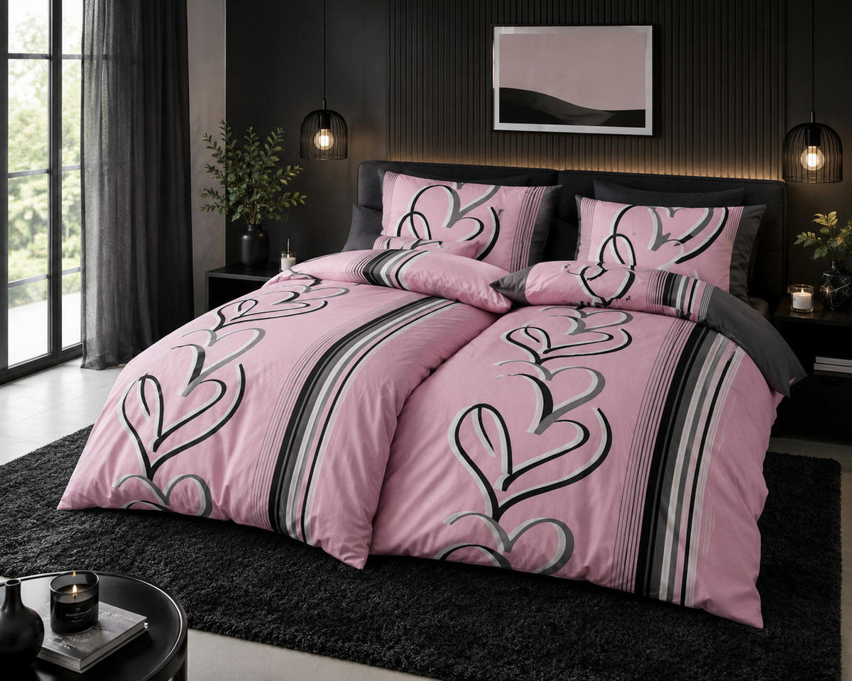 BETTWÄSCHE Herzen Rosa/Grau 135x200 cm – 2-teilig, 40x80 cm Kissenbezug, Baumwolle-Polyester - Multicolor, Naturmaterialien (155/200cm) - Nesbel – Beauty & Ambiente