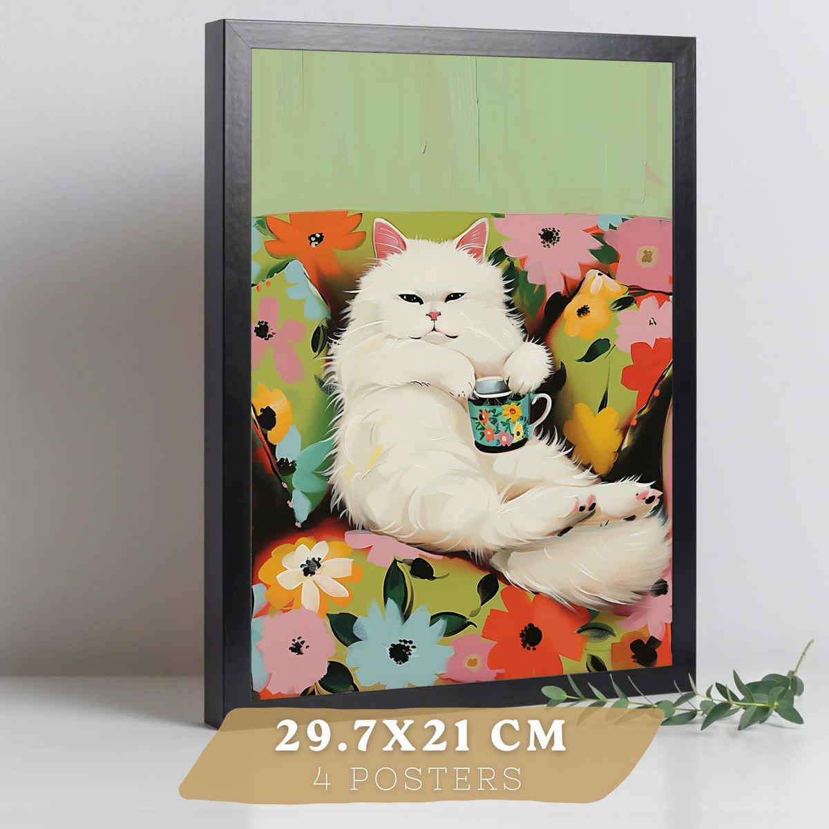 PLAKAT Sada 4 Kočky A3 Černý rám - černá, papír (29.7/1/42cm) - Nacnic