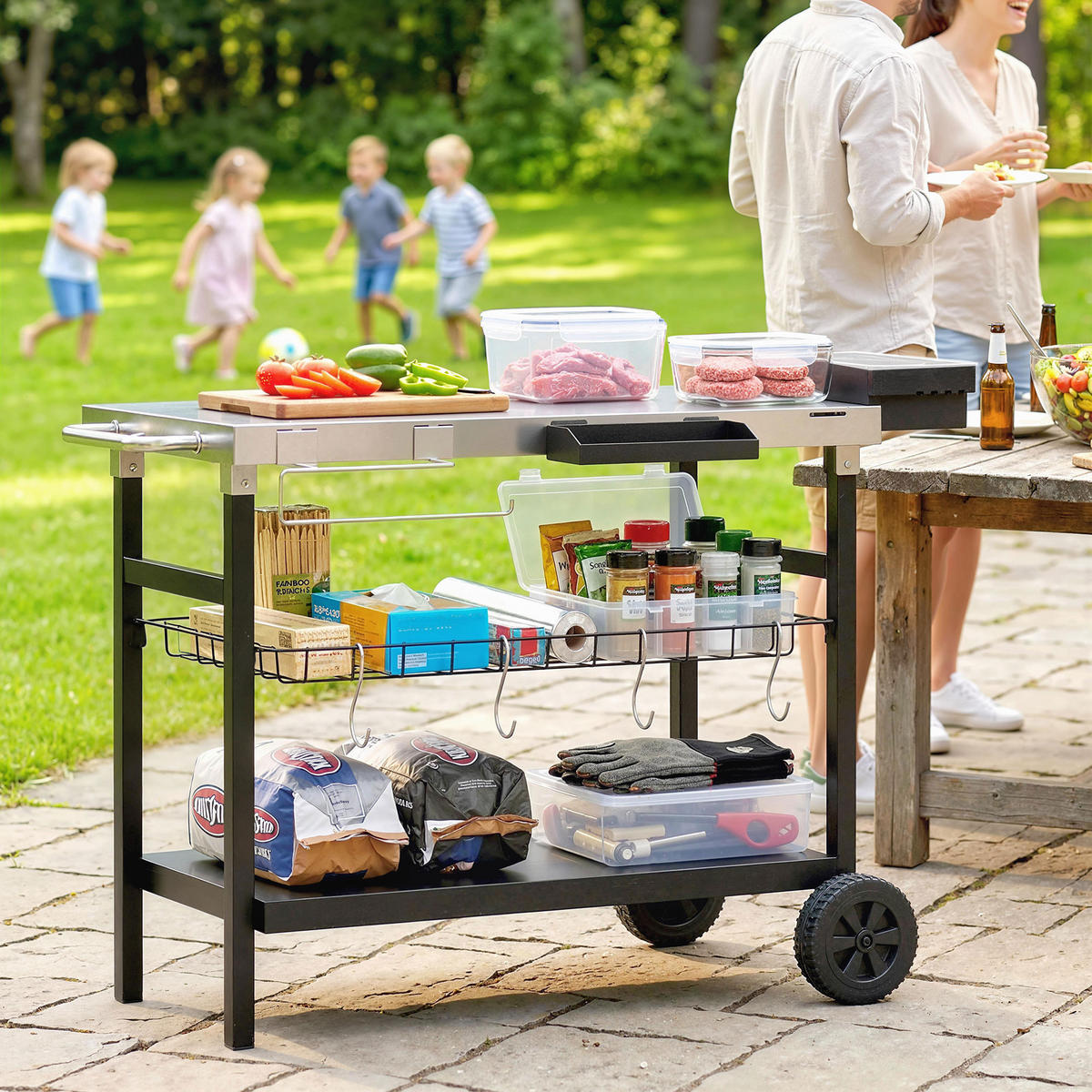 GRILLWAGEN DE-13863 mit 3 Ebenen, Edelstahl-Arbeitsplatte Schwarz - Schwarz, Metall (61/81/114cm) - ComfortXL